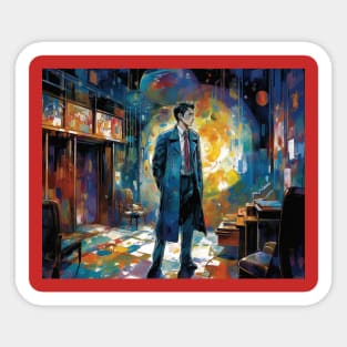 Detective wearing 80s fashion suit and tie inside a room Sticker